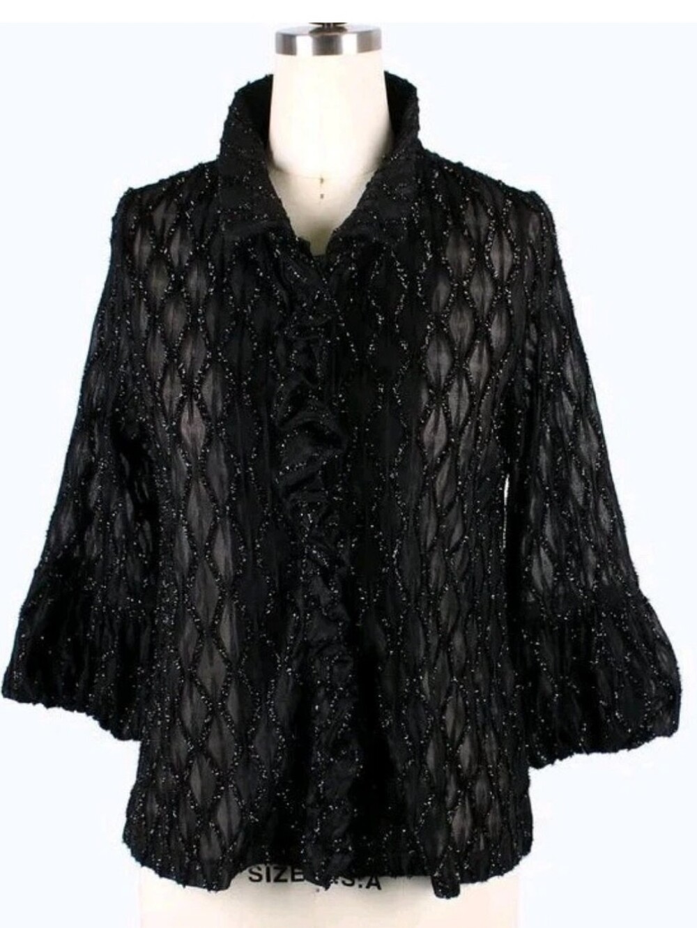 Damee NWT diamond design ogee ruffle jacket in black Size M Sheer Mesh Shiny